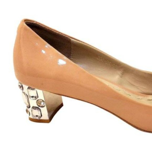 Miu Miu JEWELED HEELS Open Toe Pumps Patent Leather Tan Beige Sz 40 Wedding Prom - Picture 13 of 16